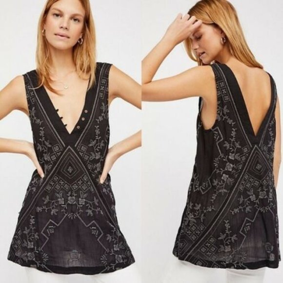 Free People Tops - Free People Top Medium Sweetest Shifty Slip Tunic Tank Black Gray Embroidered